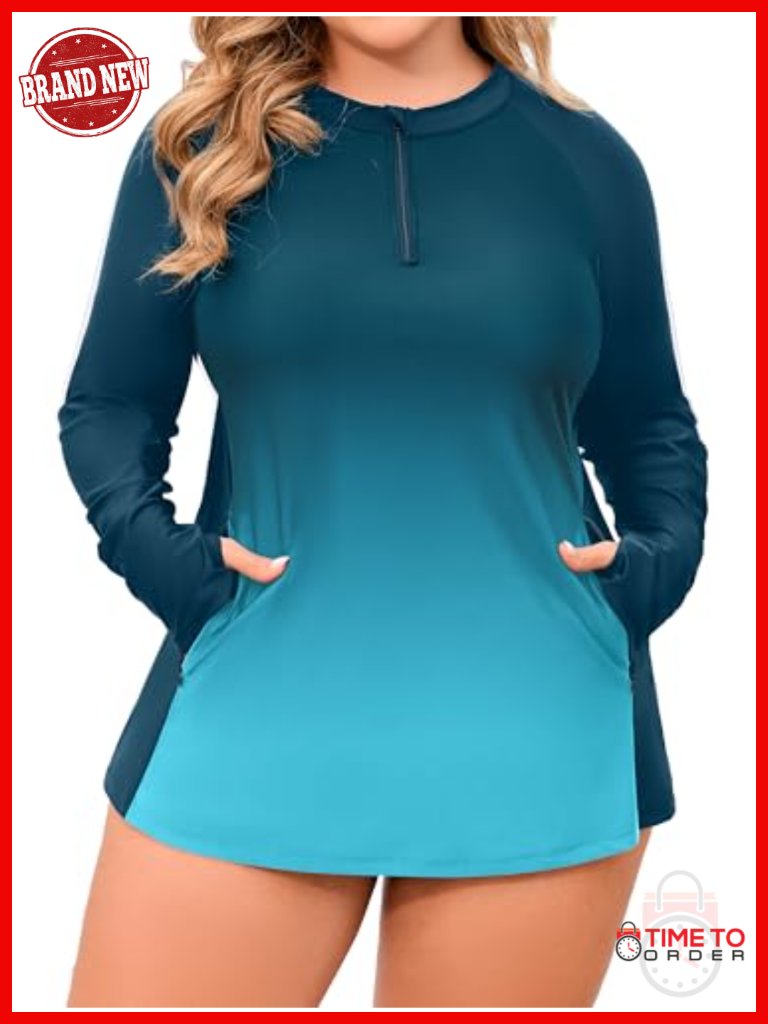 Plus Size Long Sleeve Rash Guard Upf 50+ With Zipper Pockets